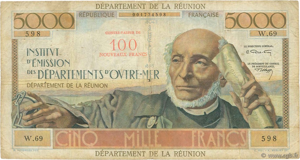 100 NF sur 5000 Francs Schoelcher REUNION INSEL  1971 P.56b SGE