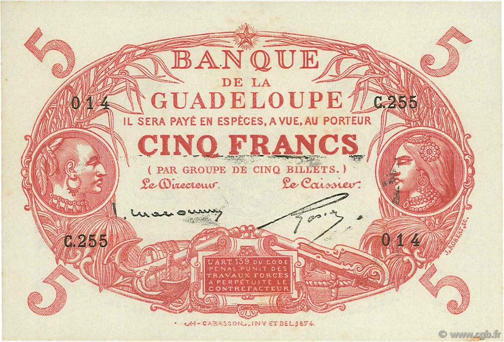 5 Francs Cabasson rouge GUADELOUPE  1943 P.07c AU+