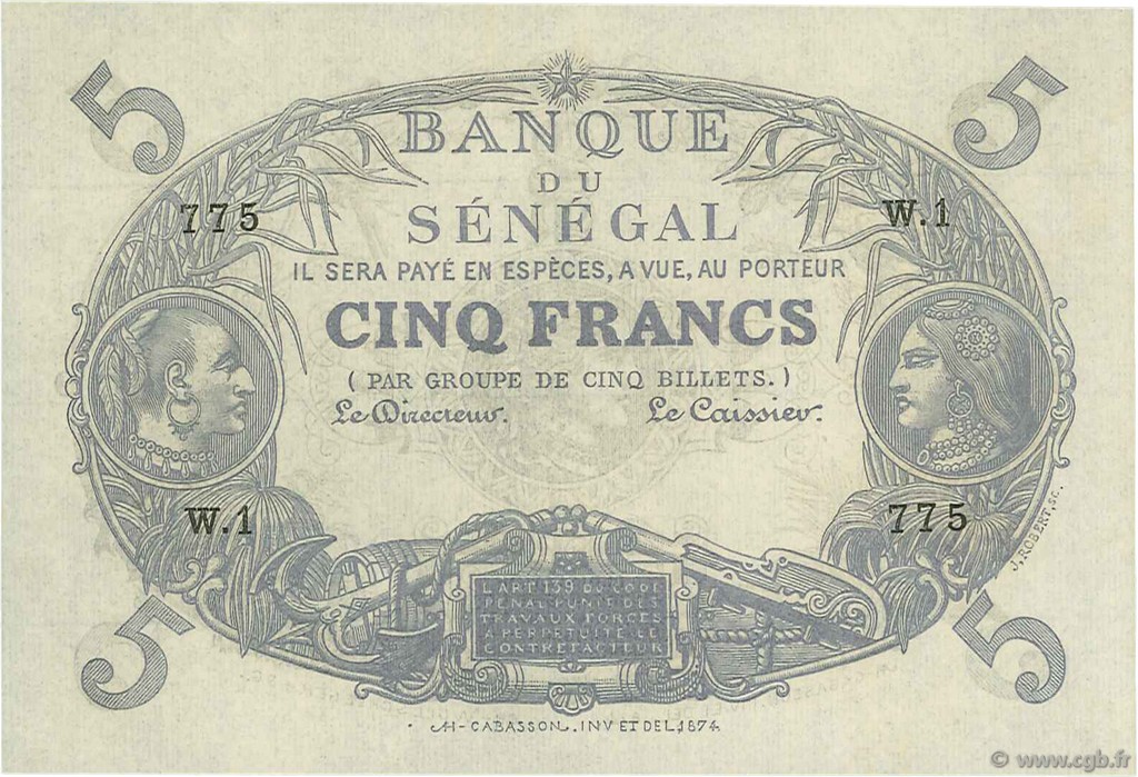 5 Francs Cabasson SENEGAL  1874 P.A1 AU+