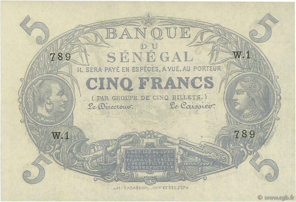 5 Francs Cabasson SENEGAL  1874 P.A1 SC+