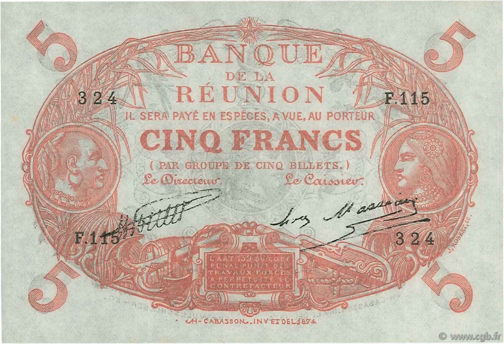 5 Francs Cabasson rouge REUNION ISLAND  1930 P.14 UNC-