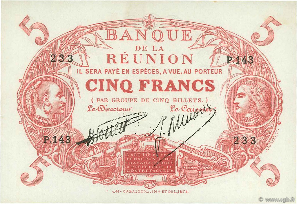 5 Francs Cabasson rouge REUNION INSEL  1938 P.14 VZ+