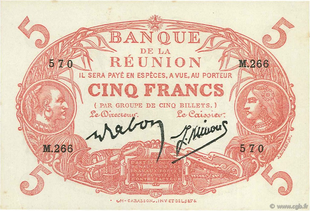 5 Francs Cabasson rouge ISLA DE LA REUNIóN  1944 P.14 EBC