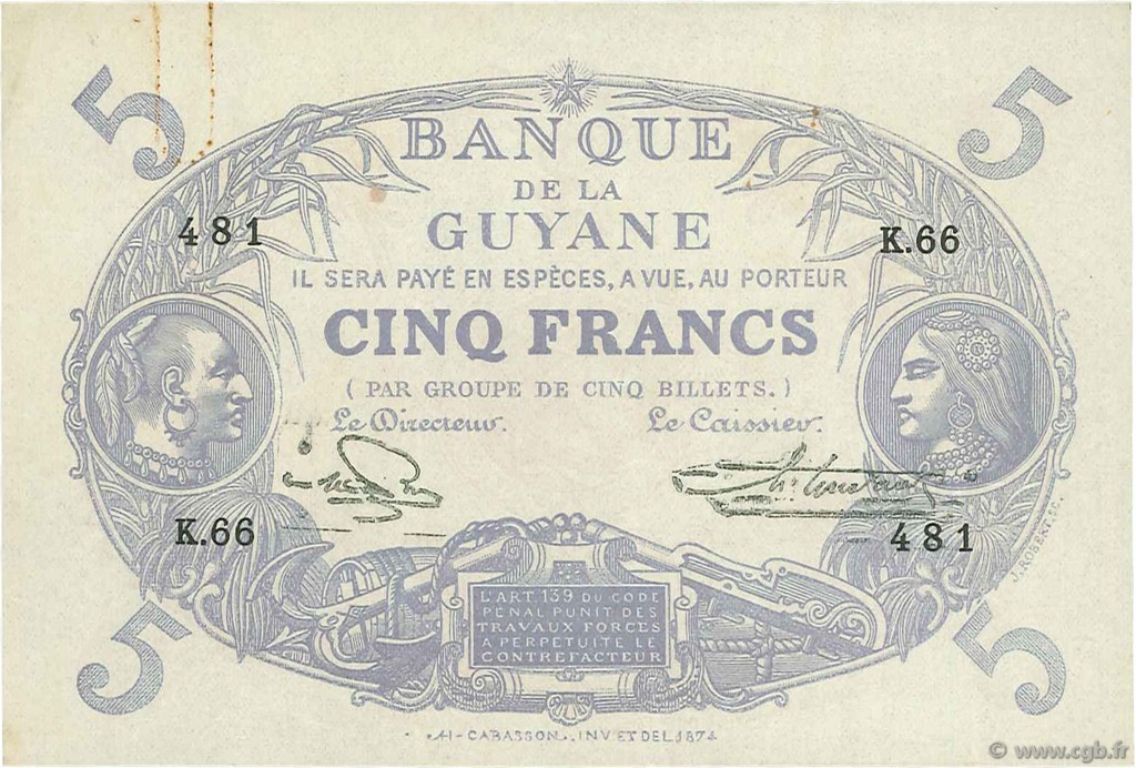5 Francs Cabasson bleu FRENCH GUIANA  1946 P.01e XF