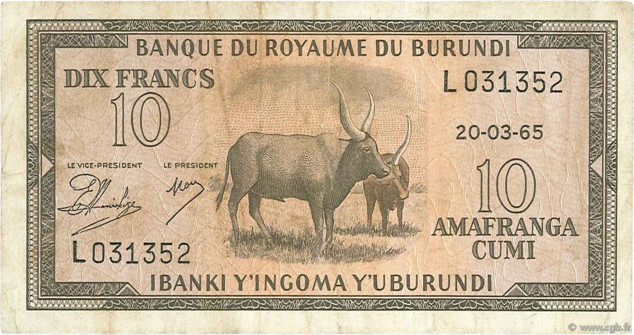 10 Francs BURUNDI  1965 P.09 VF