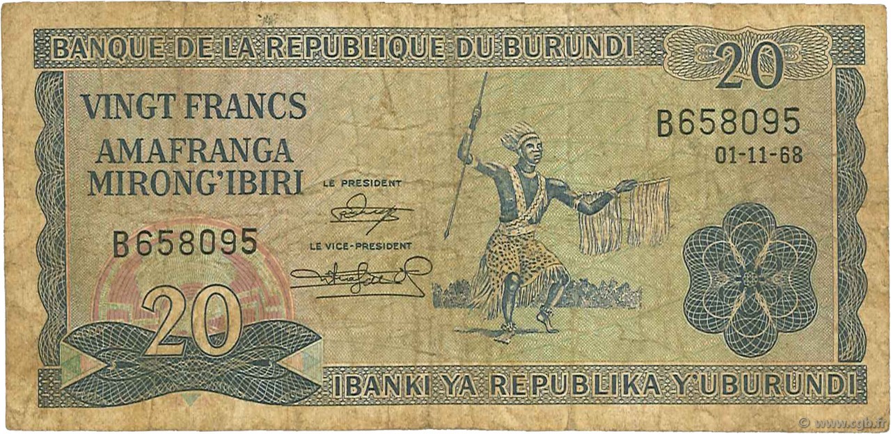 20 Francs BURUNDI  1968 P.21a SGE