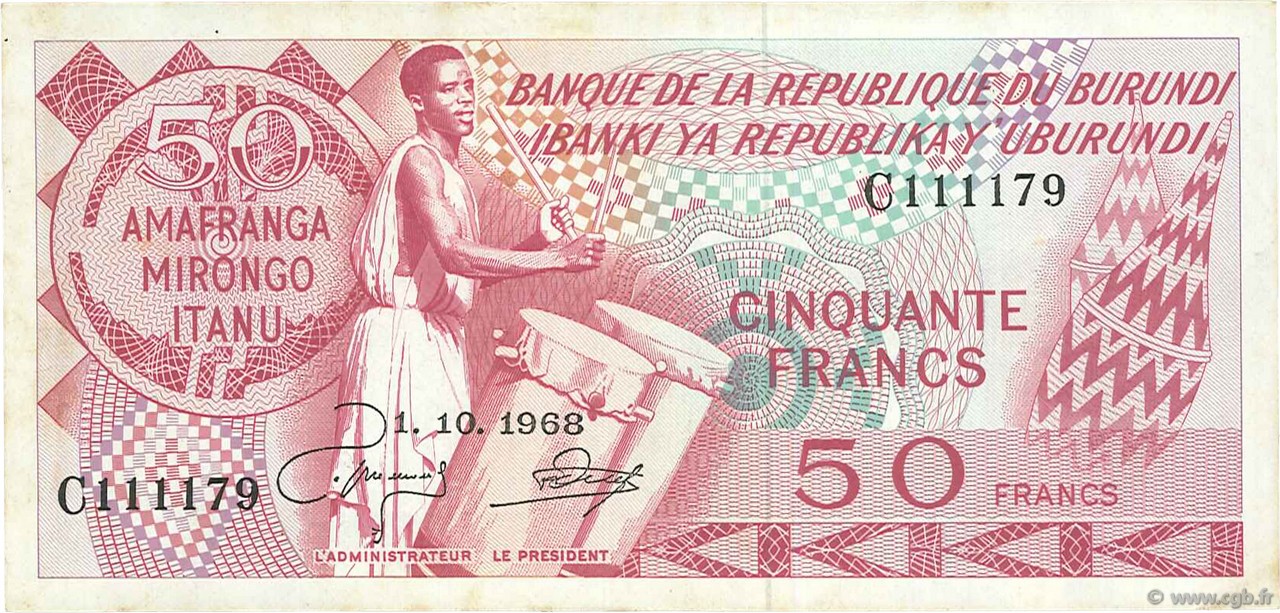 50 Francs BURUNDI  1968 P.22a fVZ