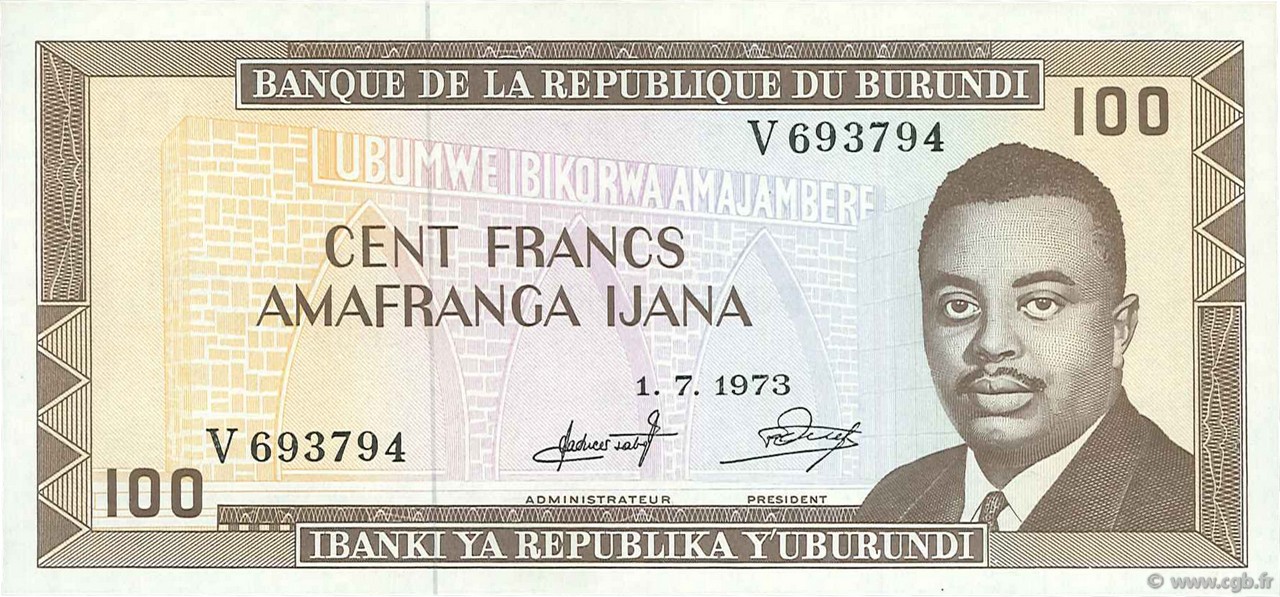100 Francs BURUNDI  1973 P.23b fST