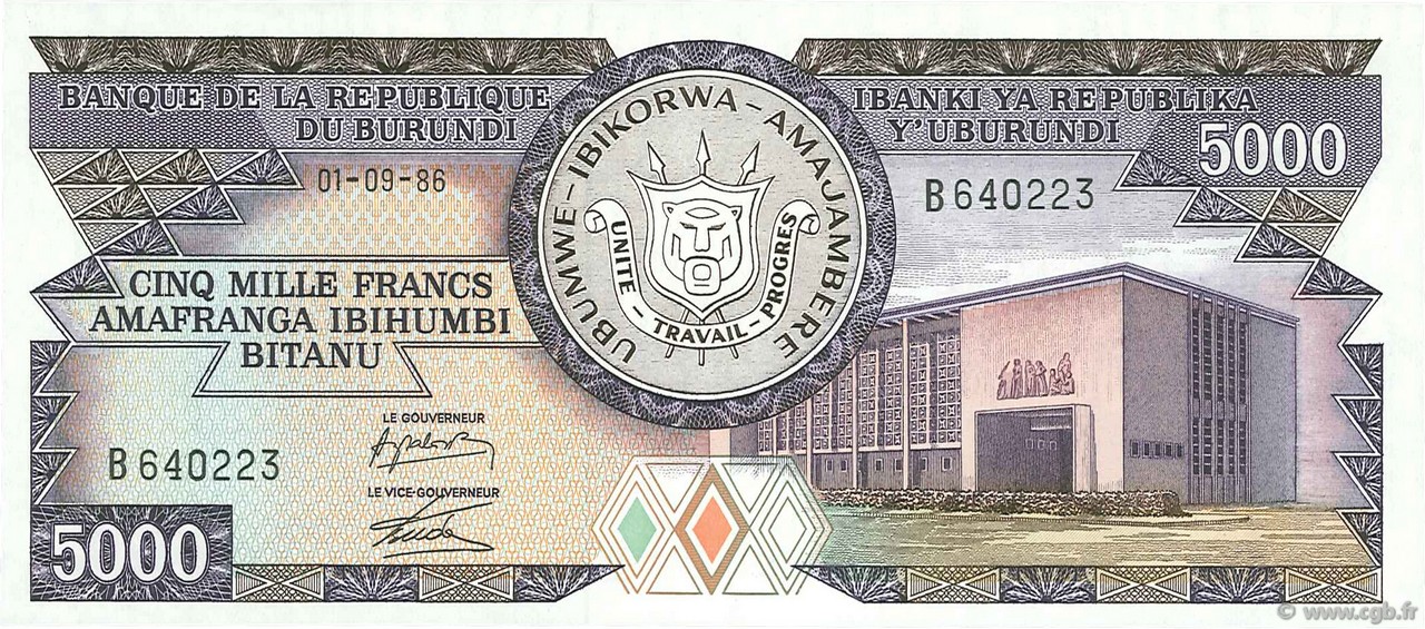 5000 Francs BURUNDI  1986 P.32b FDC