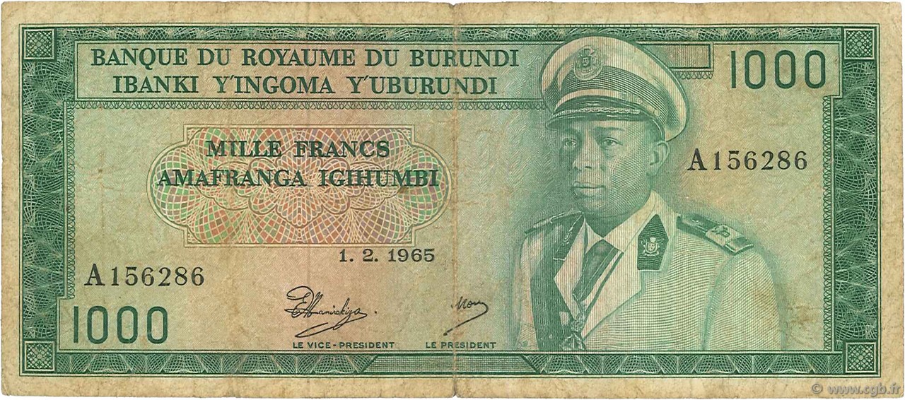 1000 Francs BURUNDI  1965 P.14 VG