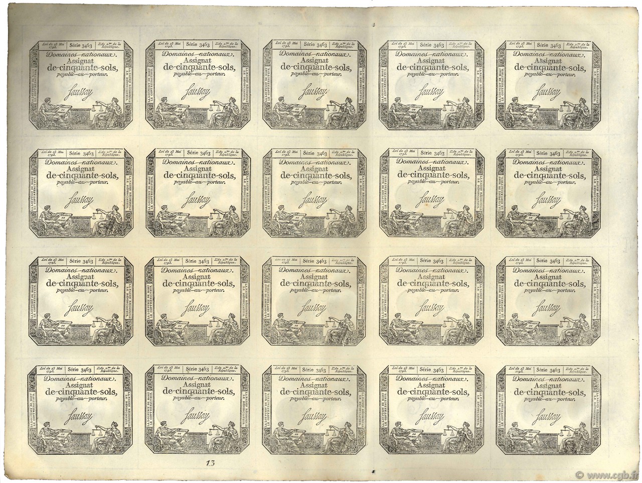 50 Sols variété Planche FRANCIA  1793 Ass.42e EBC