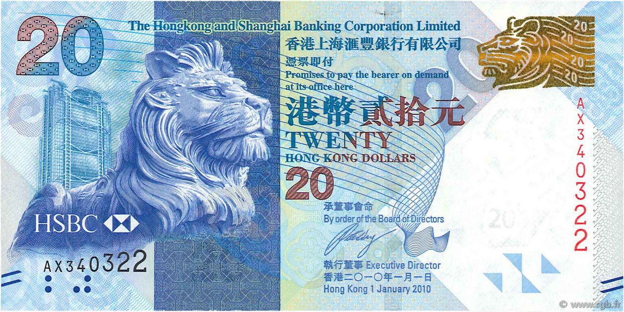 20 Dollars HONGKONG  2010 P.212a ST