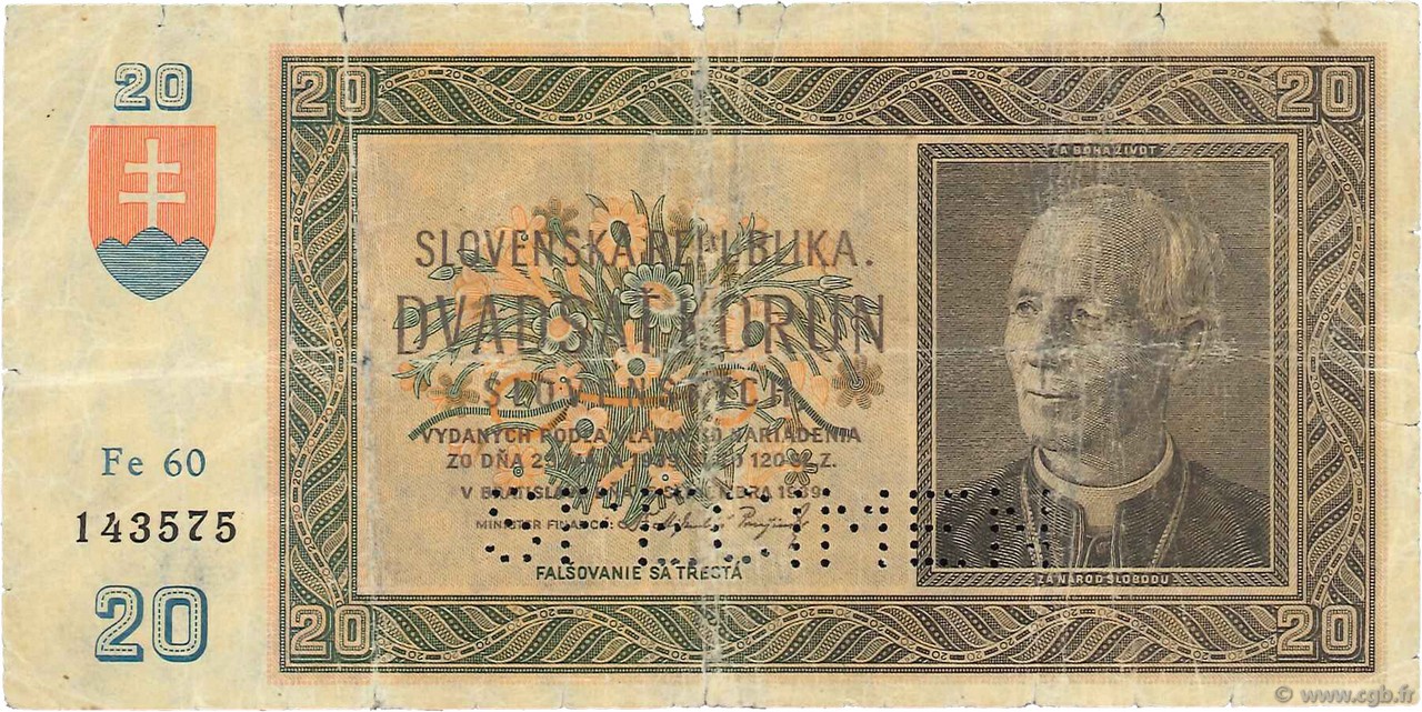 20 Korun Spécimen SLOVAKIA  1939 P.05s G