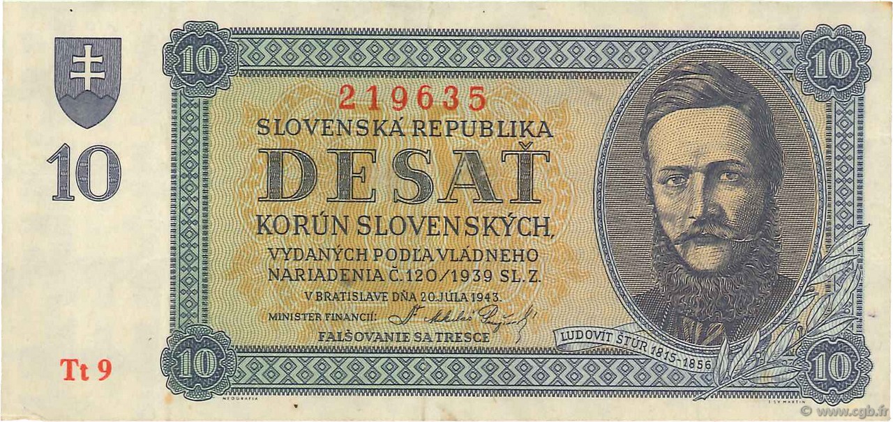 10 Korun SLOVAKIA  1943 P.06a VF+
