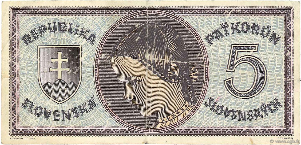 5 Korun SLOVAKIA  1945 P.08a F+