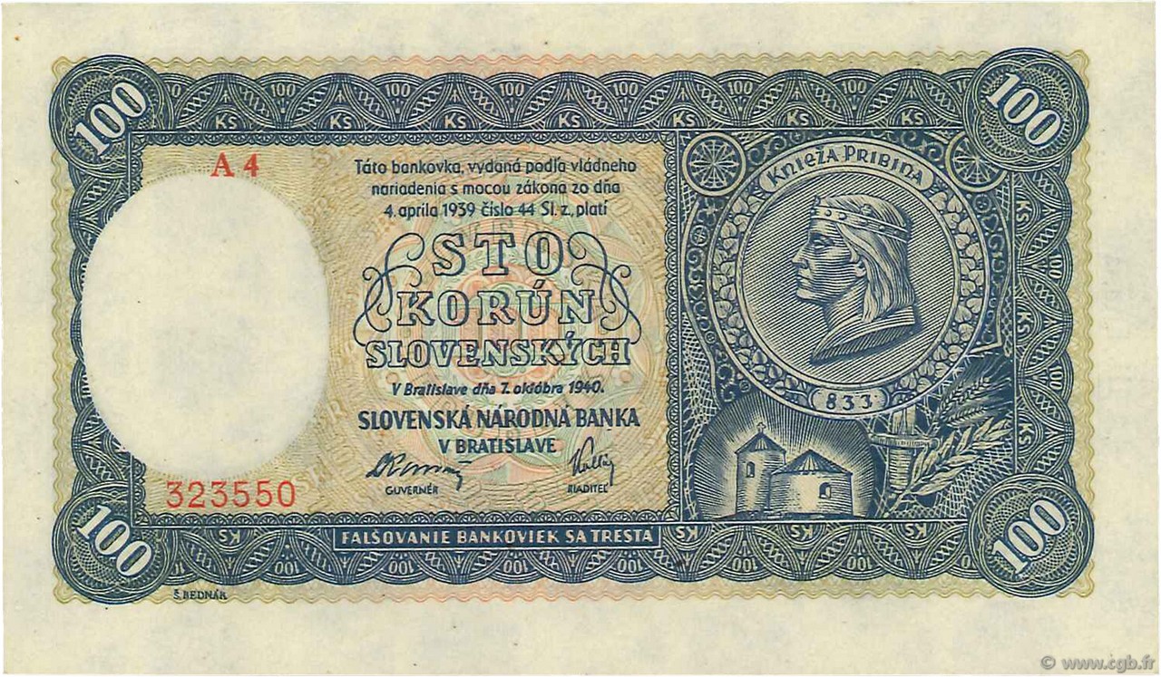 100 Korun SLOVAKIA  1940 P.11a UNC-