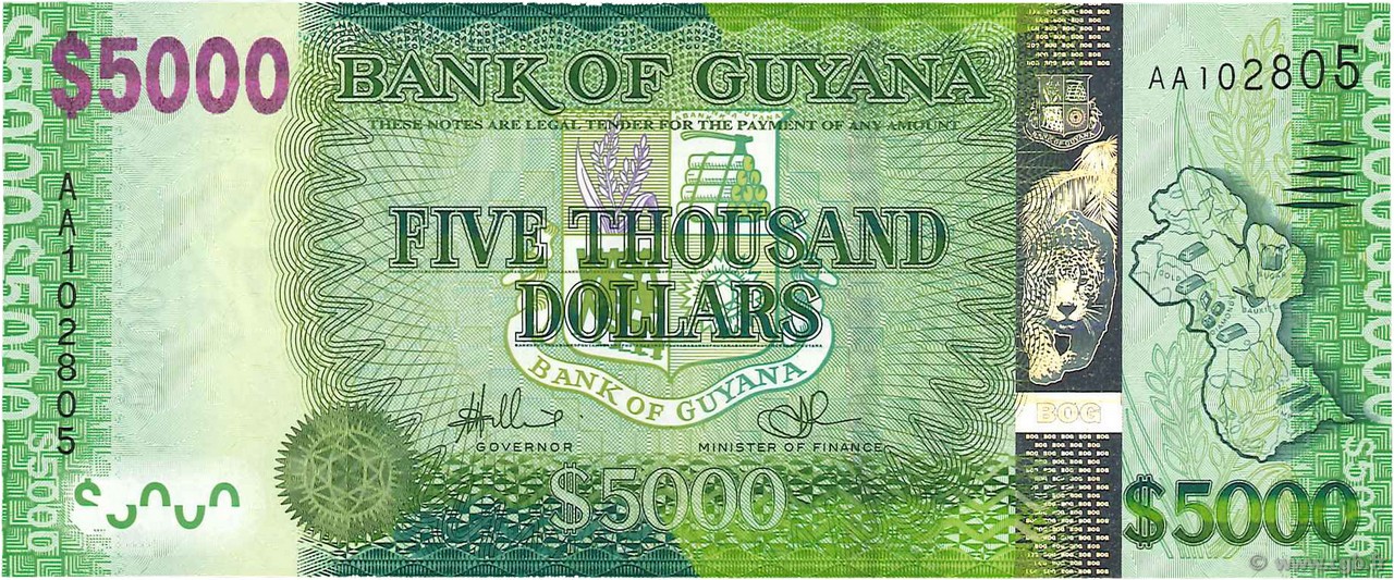 Highest denomination UNC 2013 P-40 ND Guyana 5000 dollars