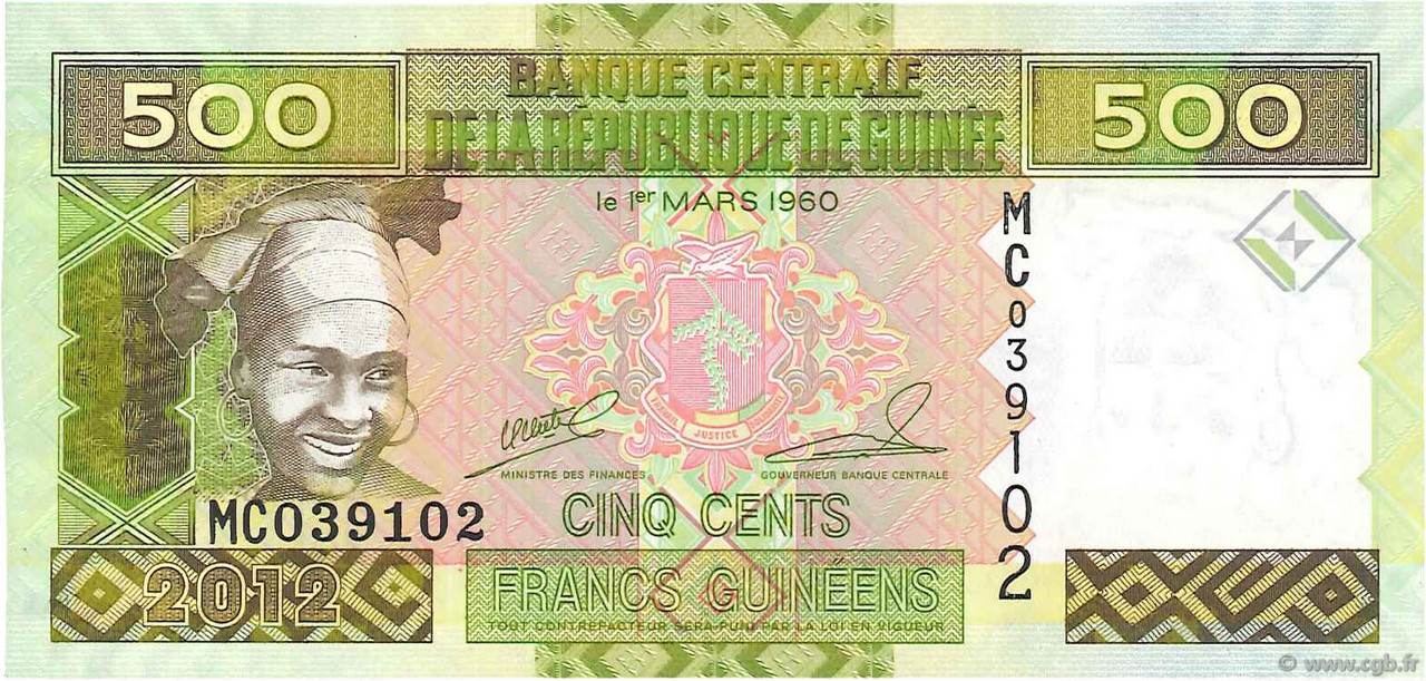 100;500 Francs UNC > colorful pair for just $1 SET Guinea Picks 35b-39b 2012 