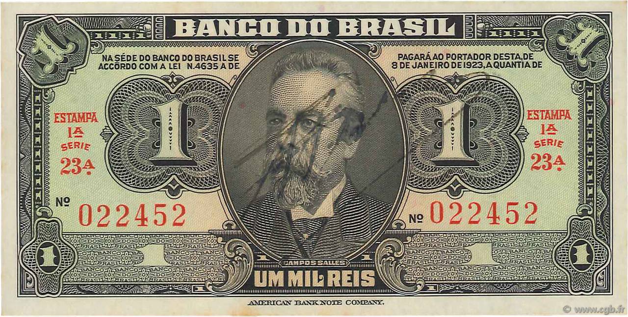 1 Mil Reis BRAZIL  1923 P.110Ba AU