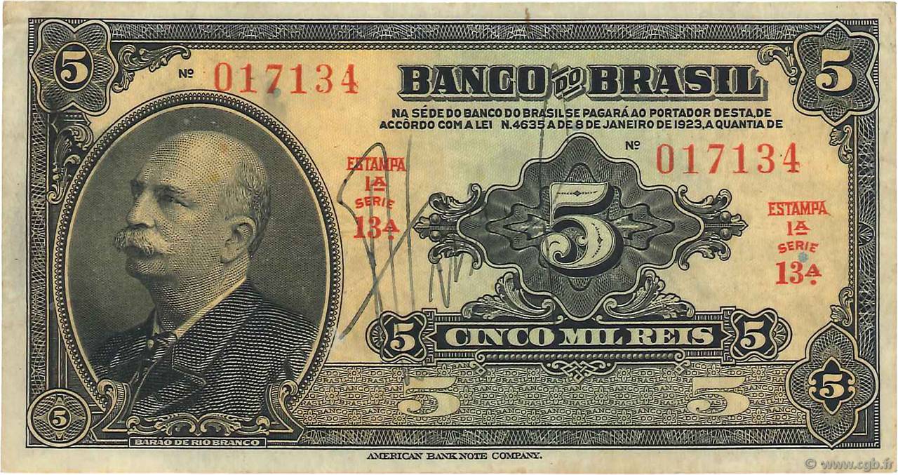 5 Mil Reis BRAZIL  1923 P.112a F+