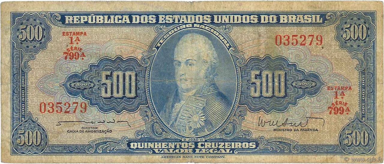 500 Cruzeiros BRAZIL  1962 P.172b G