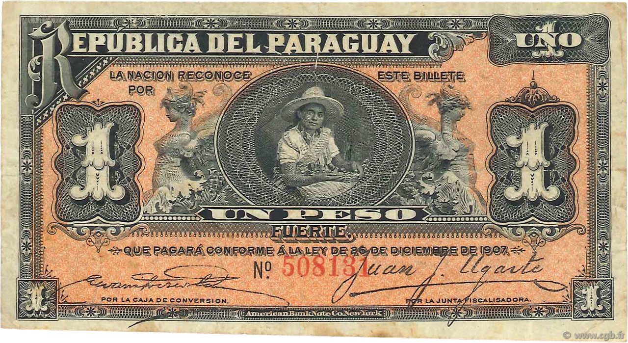 1 Peso PARAGUAY  1907 P.116a MB