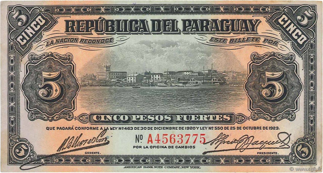 5 Pesos PARAGUAY  1923 P.149a VF+