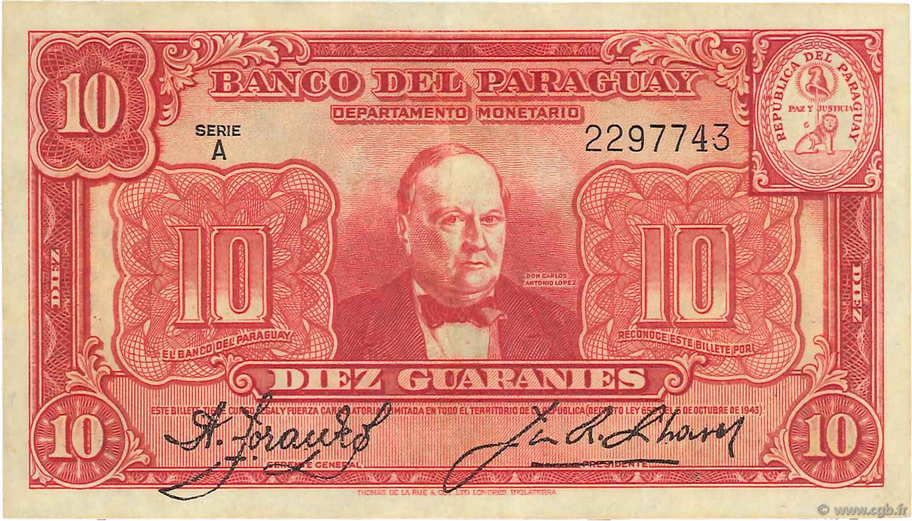 10 Guaranies PARAGUAY  1943 P.180 EBC