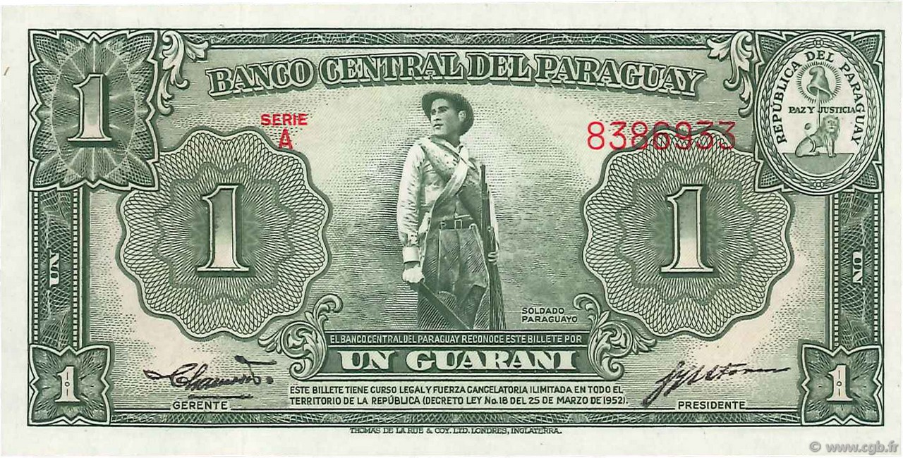 1 Guarani PARAGUAY  1952 P.185a UNC