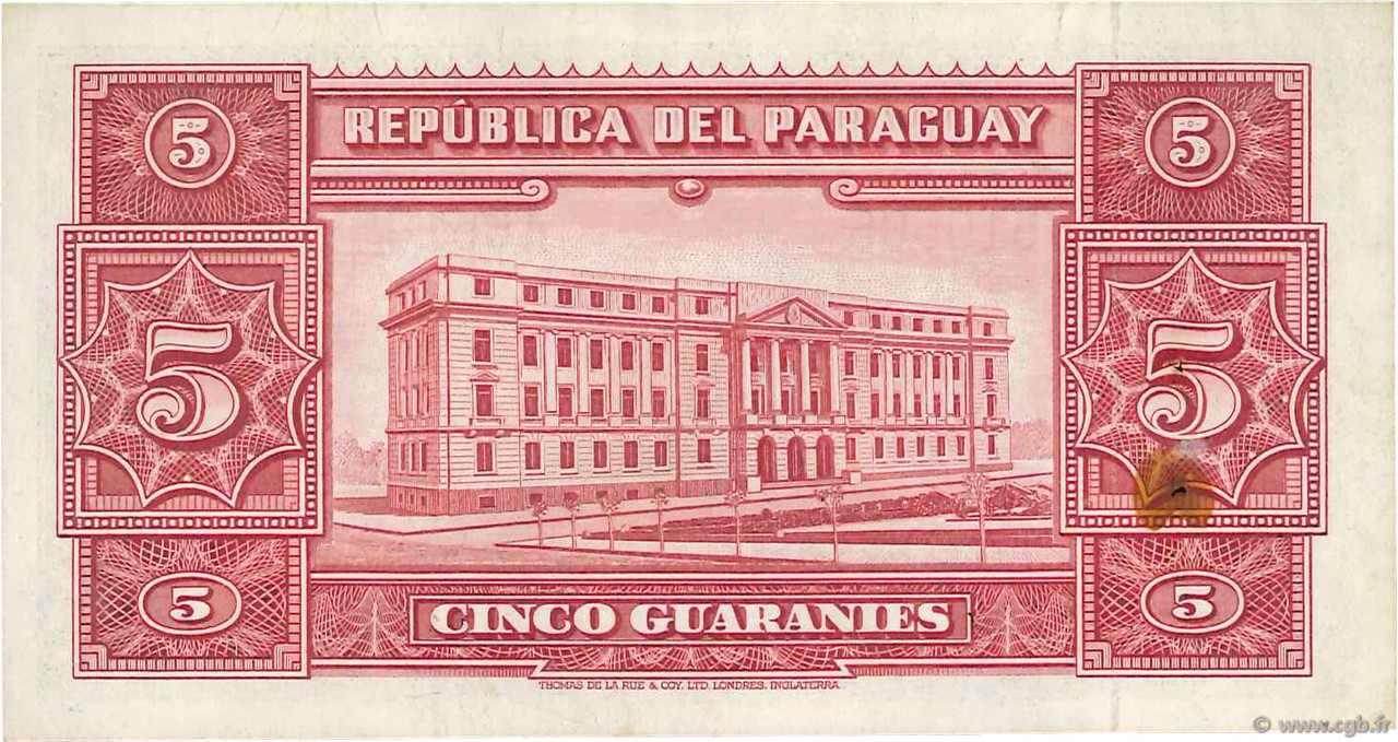 5 Guaranies PARAGUAY 1952 P.186c b97_3079 Banknotes