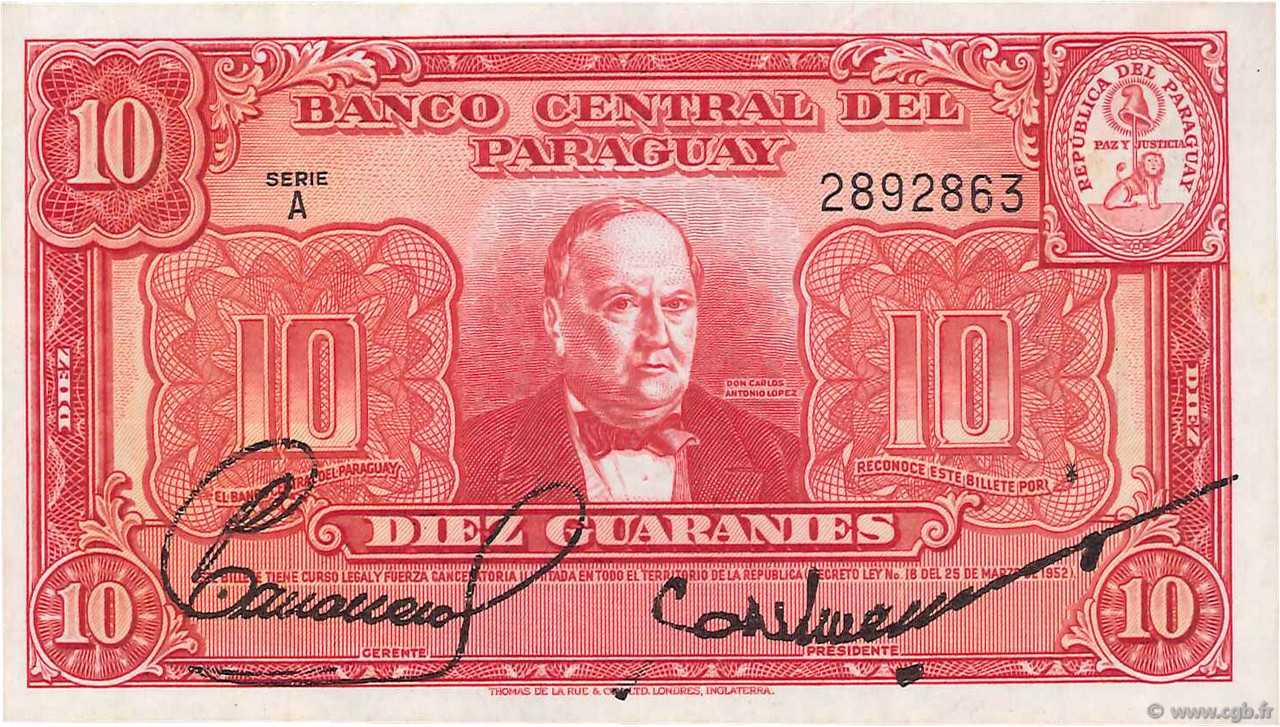 10 Guaranies PARAGUAY  1952 P.187a SC+