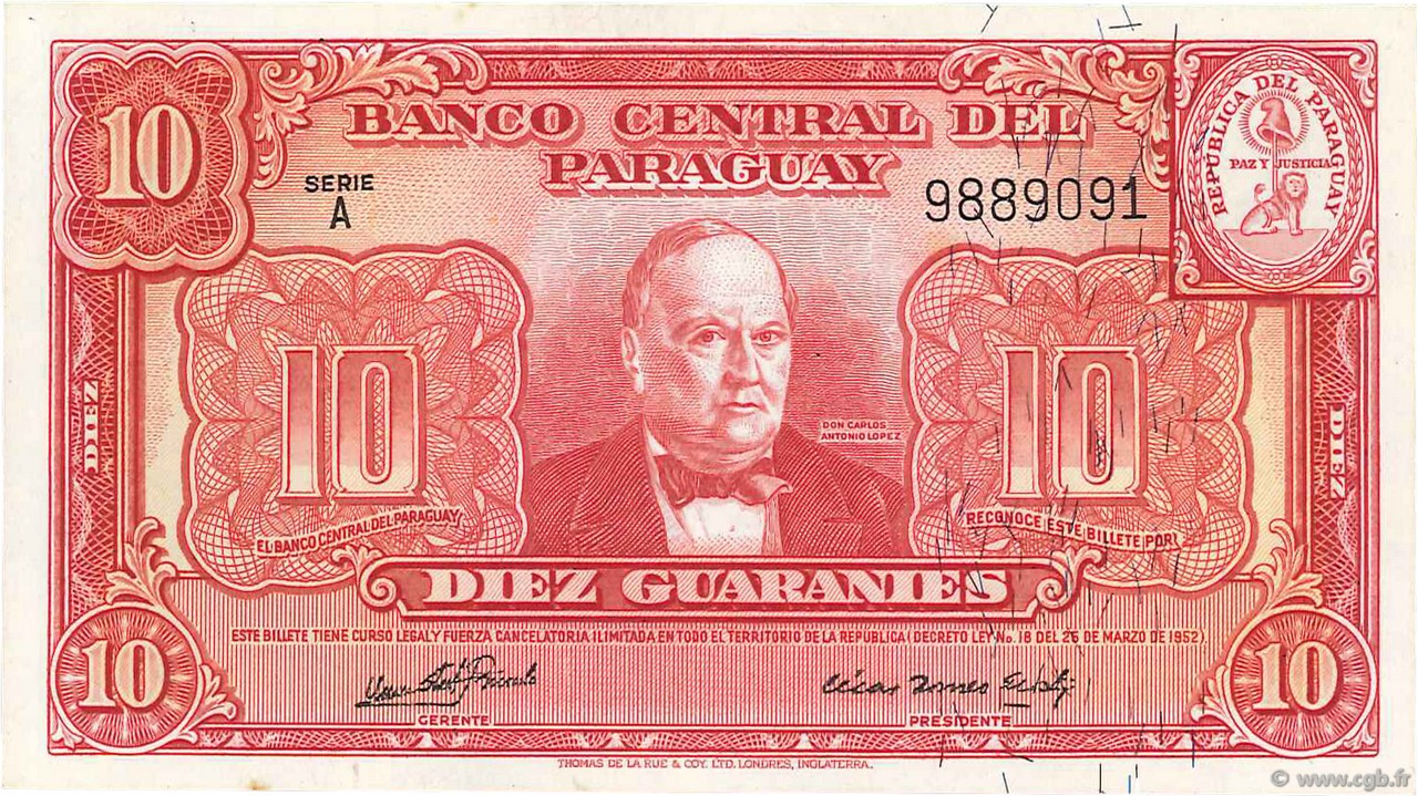 10 Guaranies PARAGUAY  1952 P.187b XF+
