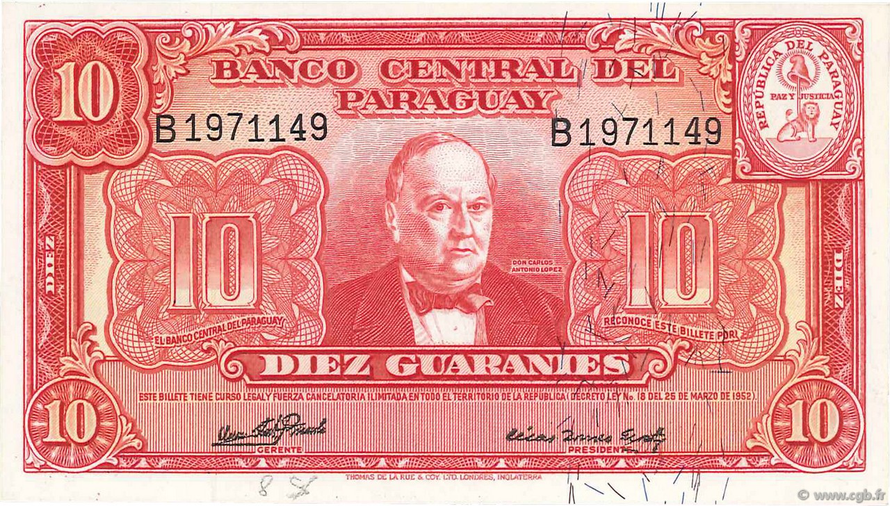 10 Guaranies PARAGUAY  1952 P.187c NEUF