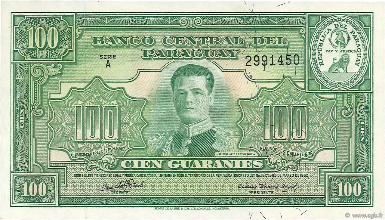 100 Guaranies PARAGUAY  1952 P.189b FDC