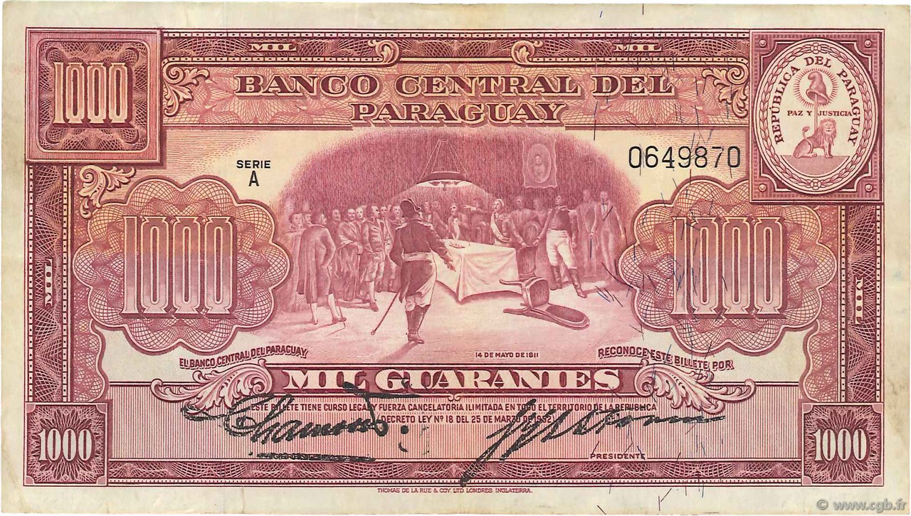 1000 Guaranies PARAGUAY  1952 P.191a q.BB