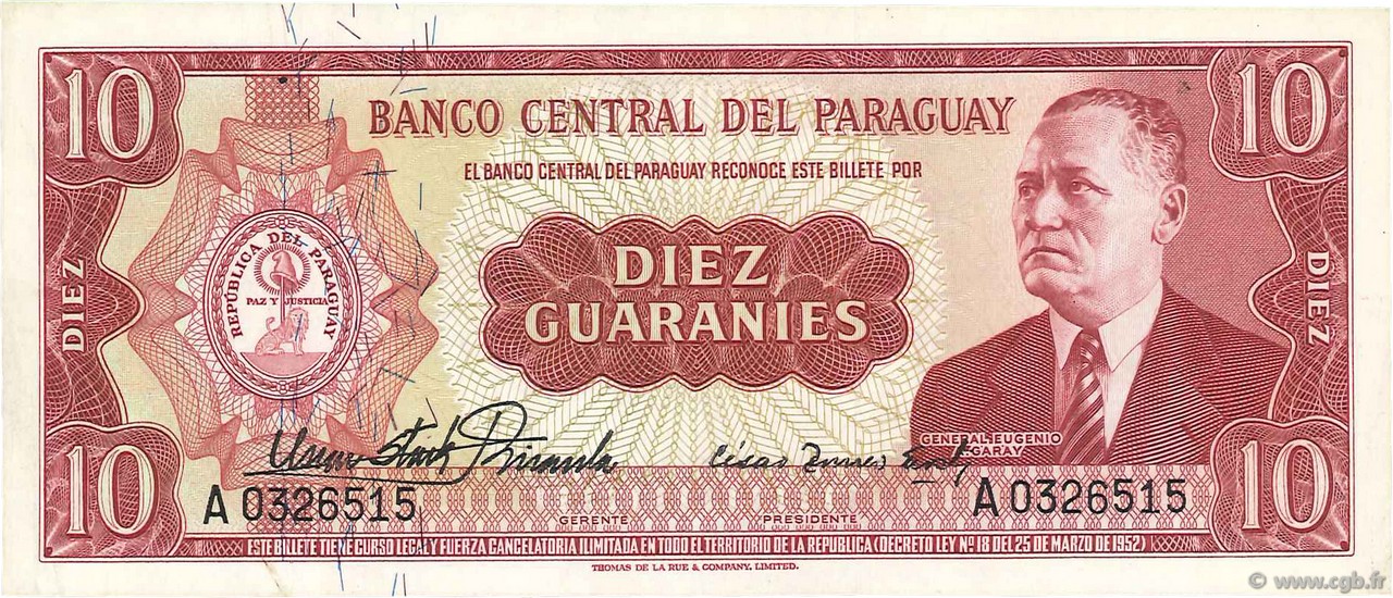 10 Guaranies PARAGUAY  1963 P.196a XF