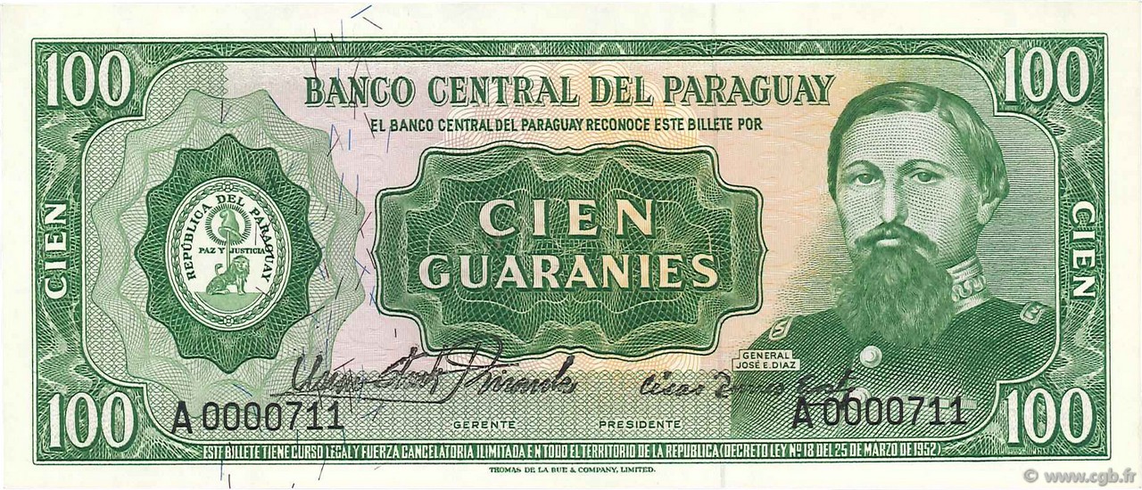 100 Guaranies PARAGUAY  1963 P.198a ST