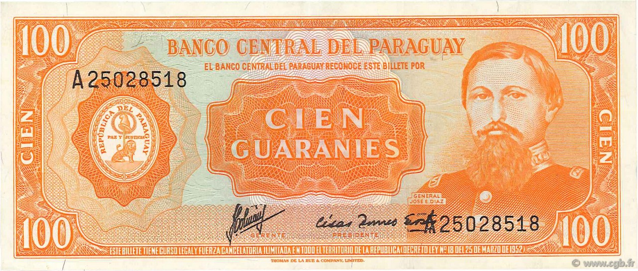 100 Guaranies PARAGUAY  1963 P.199b q.SPL