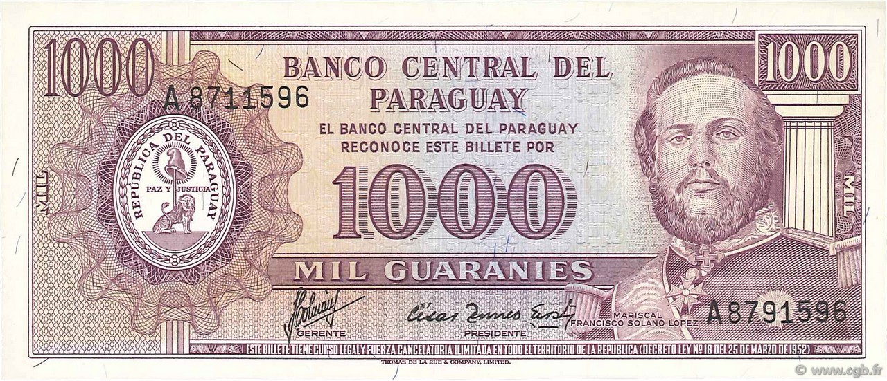 1000 Guaranies PARAGUAY  1963 P.201b UNC