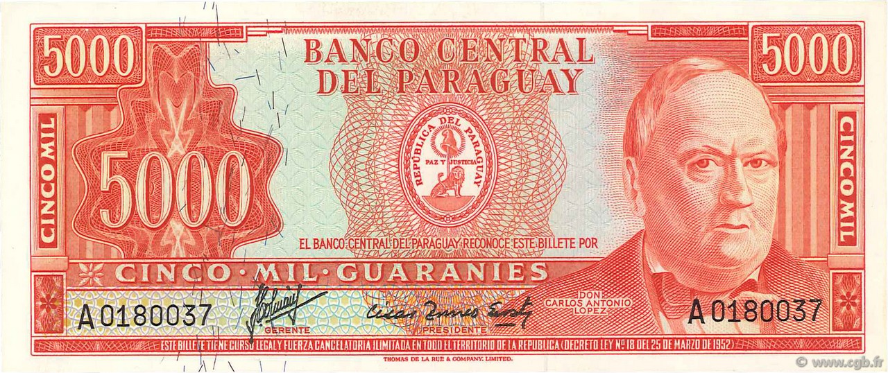 5000 Guaranies PARAGUAY  1963 P.202a ST