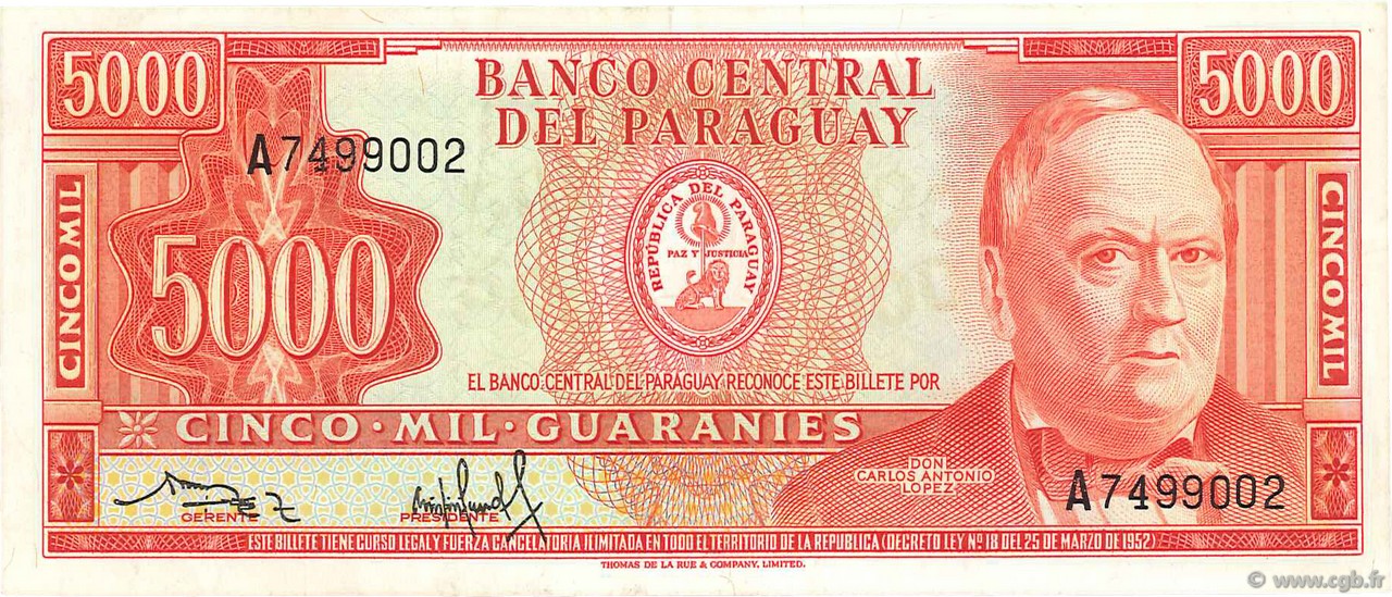 5000 Guaranies PARAGUAY  1982 P.208 VF
