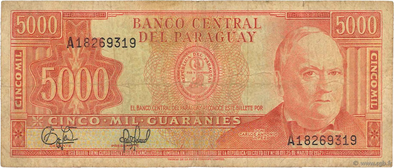 5000 Guaranies PARAGUAY  1982 P.208 MB