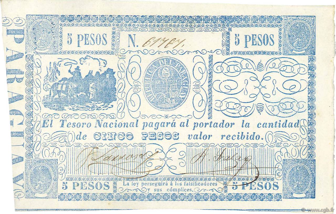 5 Pesos PARAGUAY  1865 P.025 AU