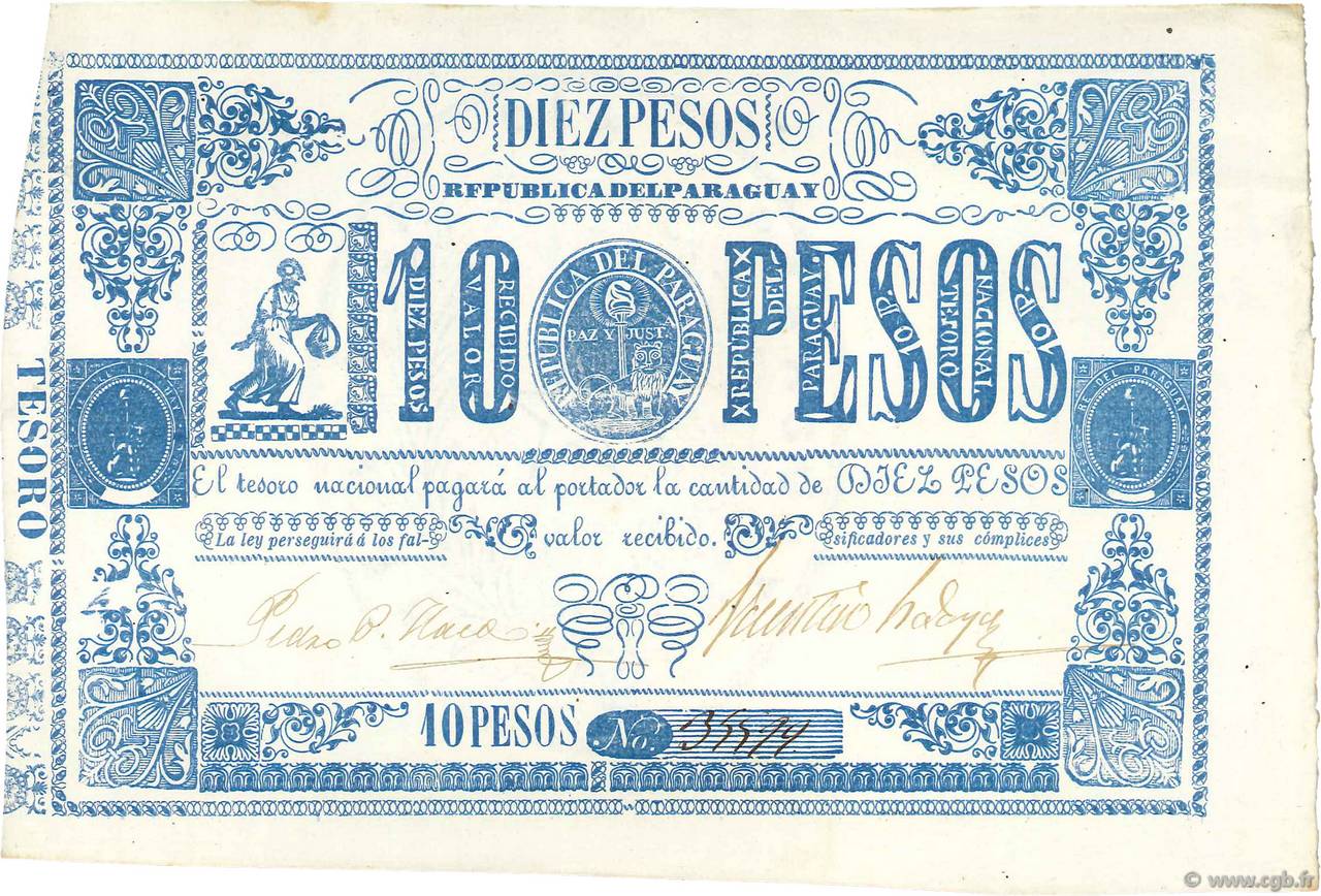 10 Pesos PARAGUAY  1865 P.026 XF+
