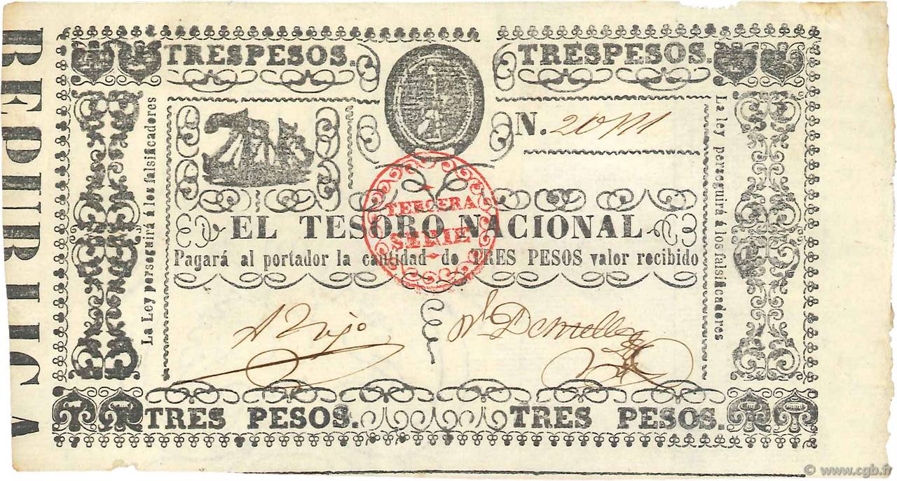 3 Pesos PARAGUAY  1868 P.031 MBC+