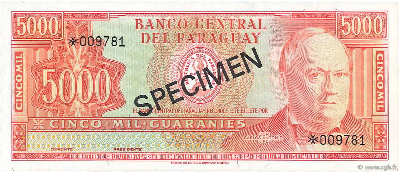 5000 Guaranies Spécimen PARAGUAY  1979 P.CS1 NEUF