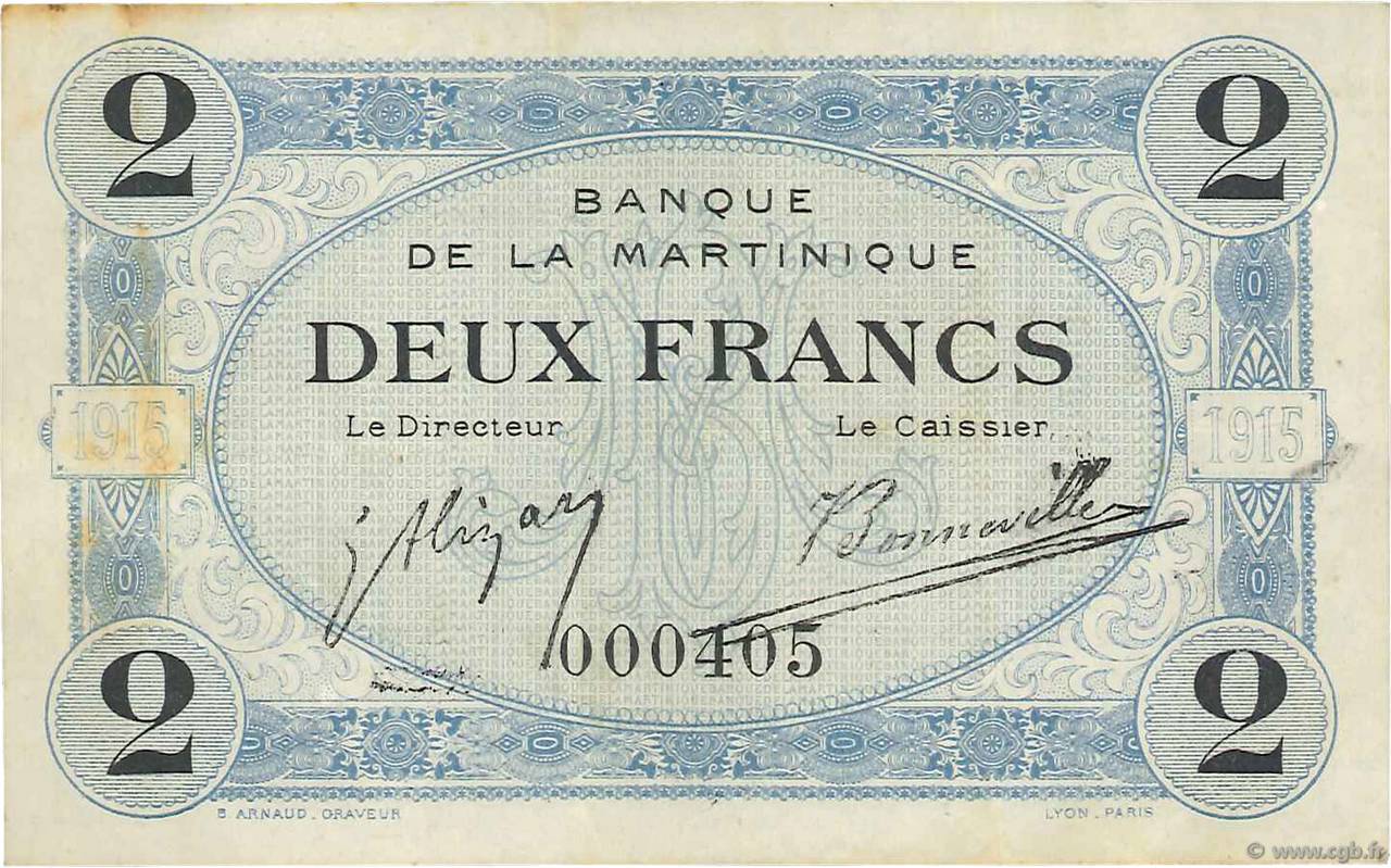 2 Francs MARTINIQUE  1915 P.11 VF