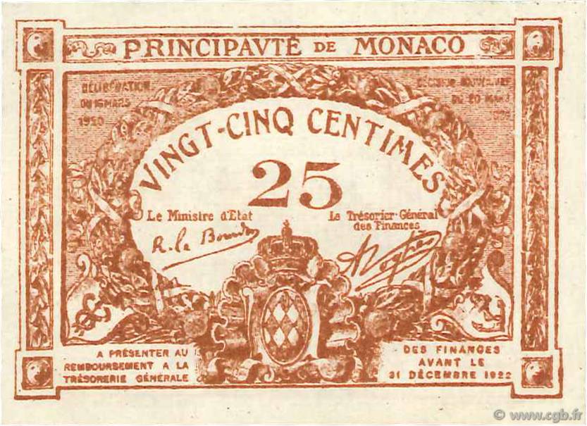 25 Centimes MONACO  1920 P.01a fST