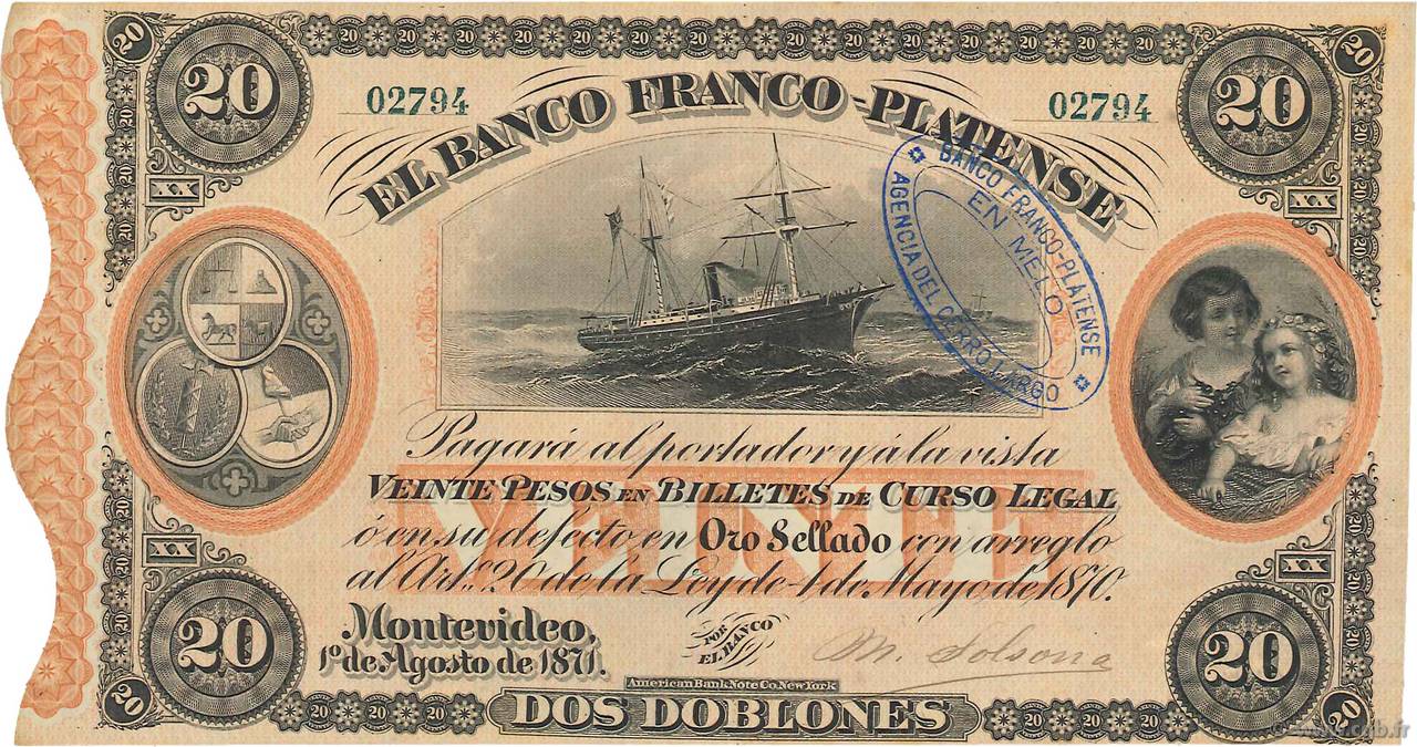 20 Pesos / 2 Doblones URUGUAY  1871 PS.173a SC