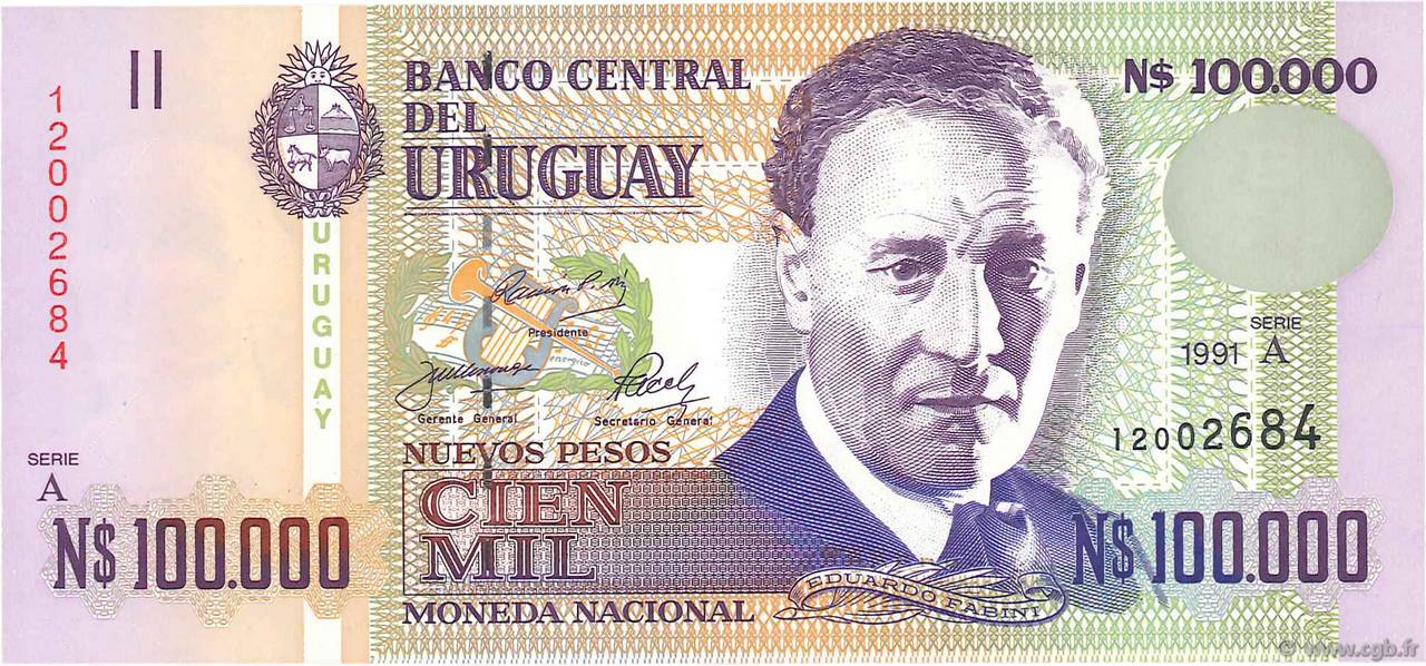 100000 Nuevos Pesos URUGUAY  1991 P.071a UNC
